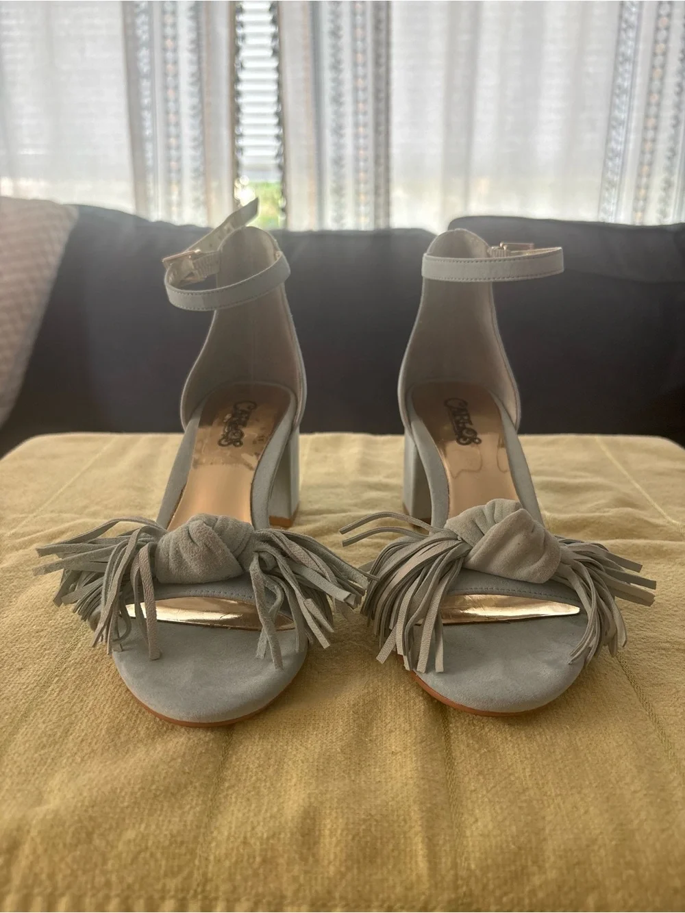 Carlos by Carlos Santana Light Blue Fringe Block Heel Wedge Sandal